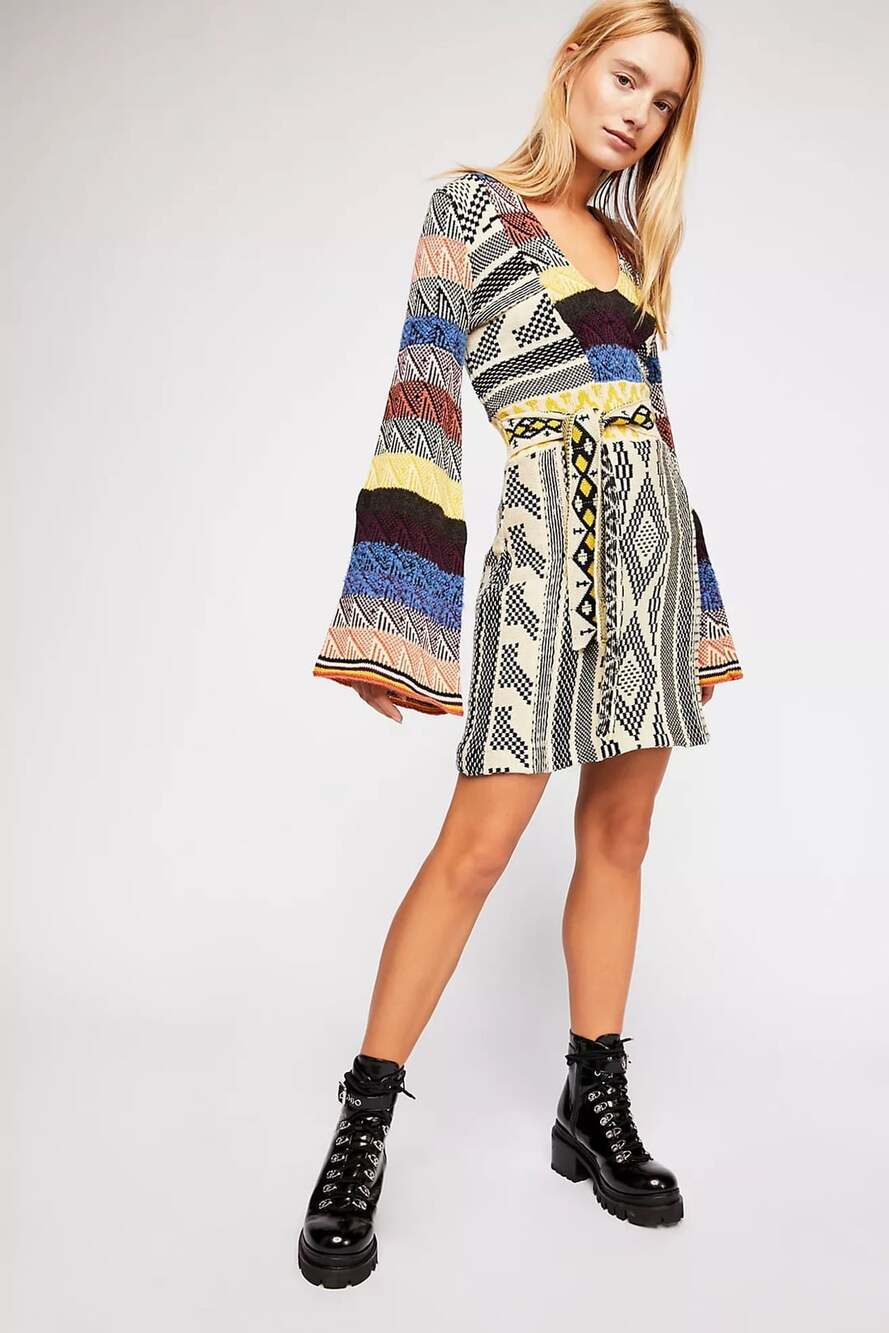 Free People Patchwork Sweater Dress Size XS Cream Multi